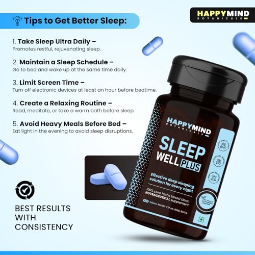 Image of HappyMind Botanicals Sleep Well Plus | Ayurvedic Melatonin Deep Sleeping Tablets | Anti- Anxiety Calm Sleeping Pills for undisturbed Restful Night | Tagar, Ashwagandha, Jatamansi | 60 Vegan Tablets