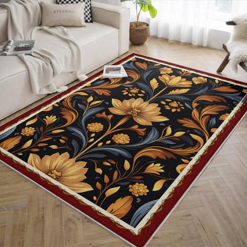 Tapis d'espace 120x170cm lavable antidérapant et tapis vintage fleuri noir et or