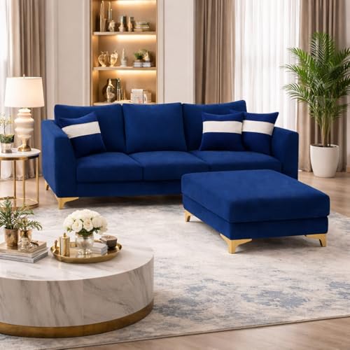 Image of Remi 4 Seater L Shape Sofa Set with Movable Ottomans | Flexible Layout | Rich Velvet Suede Fabric | Silver Legs | Modern Sofa for Living Room (Dark Blue)