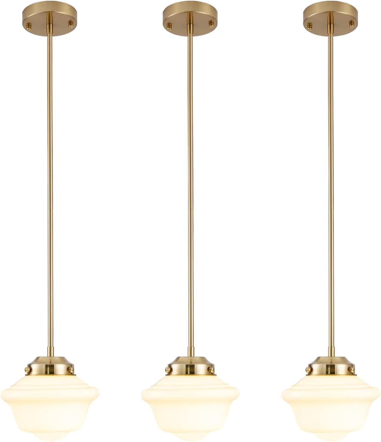 Schoolhouse Pendant Light Set of 3, 8" Brass Gold Pendant Lights with Milk Glass Shade, Farmhouse Ceiling Light Fixtures for Kitchen Dinning Room Living Room Bedroom Hallway