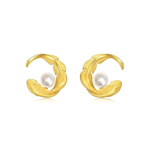 CHOW SANG SANG 999.9 24K Gold Gold Rhyme Feather Pearl Stud Earrings for Women 94000E — $1,333.80 (10% off)
