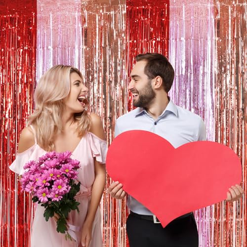 Image of TONIFUL Valentine's Day Door Streamers,Red Pink and Rose Gold Photo Booth Backdrop Metallic Streamers Foil Fringe Curtain for Birthday Valentine's Day Bridal Shower Engagement Party Decoration