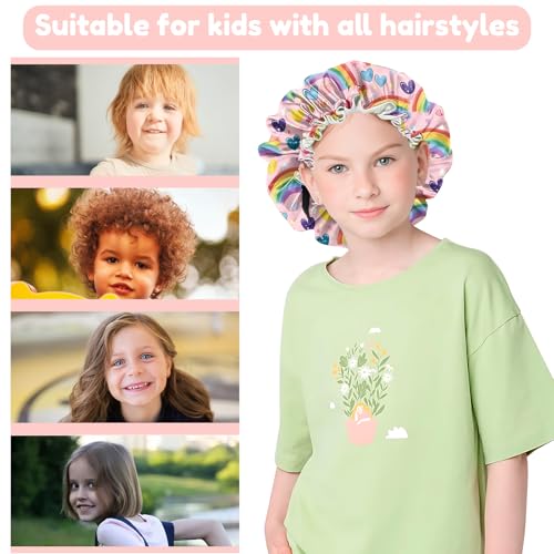 2 PCS Kids Bonnets for Girls Boys Satin Hair Bonnet Adjustable Double Layer Silk Child Night Sleeping Cap Cute-Bowknot4