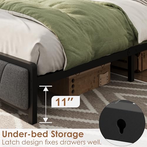 Image of King Size Bed Frame with 2 Storage Drawers and Charging Station, Rustic Linen Upholstered Platform Bedframe with Storage Headboard, No Box Spring Needed, Easy Assembly, Noise Free, Grey
