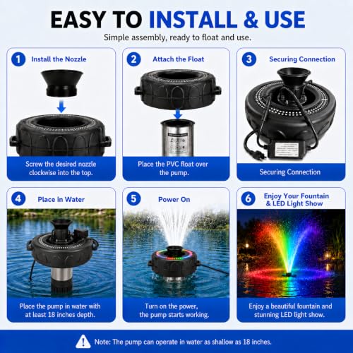 Image of Pond Fountain Aerator with Lights RGB Light 1HP 750W 110V Fountain | Fully Automatic change color, Stainless Steel Fountain Pump with 100 FT Power Cord, Pond Fountains for Small Large Pond Lake