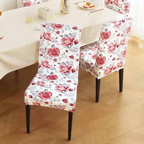 Image of HOKIPO Premium Printed Velvet Dining Chair Cover Set of 1, Red Cottage Rose (AR-5794-D6)