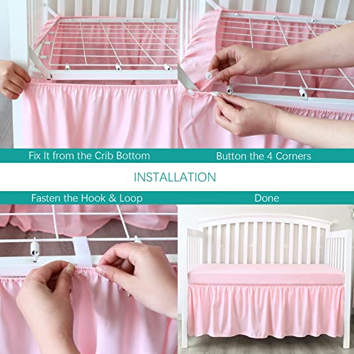Image of Crib Bed Skirt 14 inch Drop, Fits 28 inchx52 inch Crib, Adjustable, Pink | 4-Sided Design, Adjustable Elastic Straps, Soft Polyester, Fade & Shrink Resistant, Machine Washable, Fits Standard Cribs