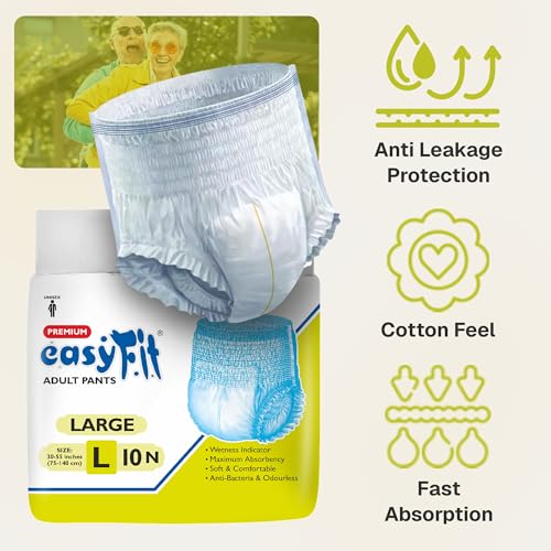 Image of Easyfit Adult Diaper Pants | 10 Count (Large) | Waist 30-55 inch (75-140 cm) | Unisex | Leak Proof | Wetness Indicator | Overnight Protection | Elastic Waist | Anti-Bacterial Absorbent Core