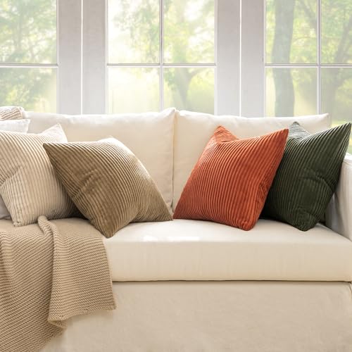 Image of MIULEE Boho Farmhouse Throw Pillow Covers 18x18 Inch Set of 4 Rustic Modern Neutral Cushion Covers Soft Corduroy Nordic Fall Home Decor for Couch Bed Sofa Living Room Rust-Olive Green