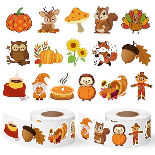 1000Pcs Fall Stickers Rolls Thanksgiving Pumpkin Maple Leaf Animals Self