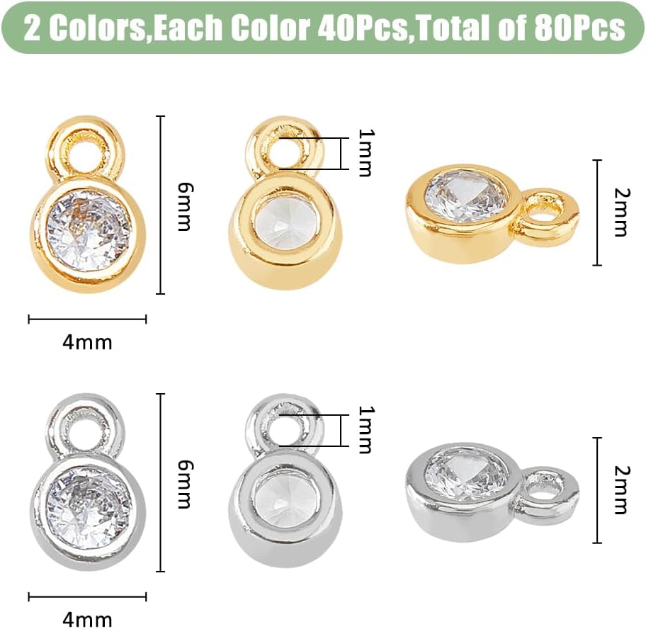 SUPERFINDINGS 80Pcs 2 Colors Bulk Cubic Zirconia Charms Brass Flat Round Pendants Rhinestone Crystal Platium Charms Golden Earring Bracelet Necklace Supplies for DIY Craft Jewelry Making - Image 2