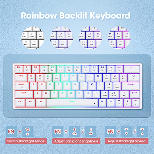 60% Wireless Mechanical Keyboard, Triple Mode 2.4G/Type-C/Bluetooth Mechanical Keyboard, Low Profile, Rainbow Backlit, Blue Switch, 63 Keys Portable Mini Wireless Gaming Keyboard For Pc/Mac, White #TOP4