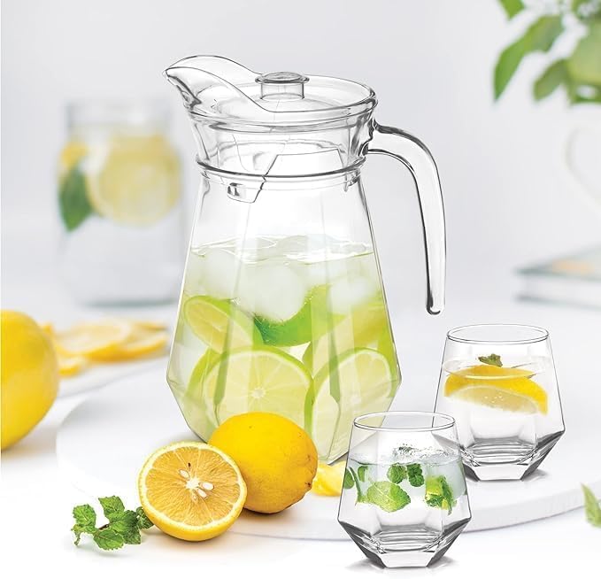 Image of Premium Water and Juice Glasses and Jug Set Combo [6 Piece Glass 350ML & 1 Piece Jug 1.4 Liter] Transparent Pitcher Set for Dining Table, Home & Restaurant,Party (MTS - 11)