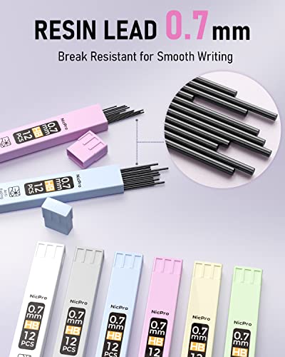 Nicpro 6 Colors Pastel Mechanical Pencil Set 0.7 Mm, Cute Mechanical Pencils With Comfort Grip With 12 Tubes Hb Lead Refill, 3 Eraser, Eraser Refills For Student Writing, Drawing, Sketching- With Case #TOP3