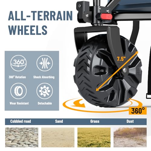 Image of Timber Ridge Foldable Wagon 350L Extendable Height, Large Capasity Collapsible Wagon Cart with All Terrians Detachable Wheels, Compact Folding Utility Wagon for Camping, Fishing, Shopping Navy