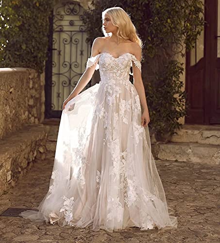 Fair Lady Off Shoulder Bohemian Wedding Dresses For Bride Ball Gowns For Beach Wedding Tulle Lace A Line Modern Bridal Gowns Champgane 18 Plus Size #TOP2