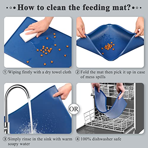 Vivaglory Large Pet Food Mat Large Waterproof Non-Slip Feeding Mat Grade Silicone Cat Stainless Steel Water Placemat Dog Bowl Mat Anti-Messy Design, Navy Blue 24" L X 16" W #TOP4
