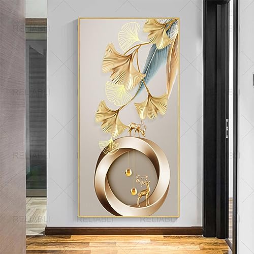 Impression sur toile de luxe Ginkgo doré et cerf pour grand mur de séjour
