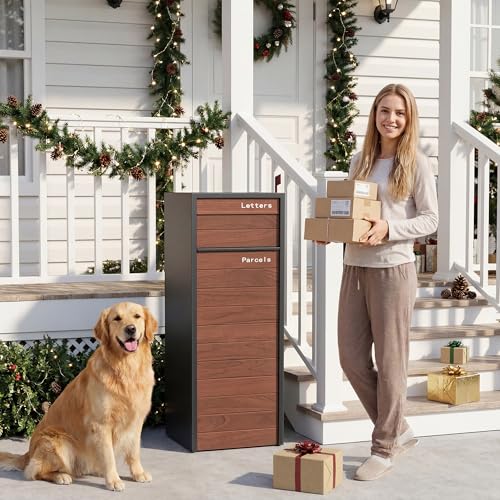 Image of Merapi Large Parcel Drop Box for Outside - Fully Assembled Package Delivery Box with Rear Access - Weather-Resistant Galvanized Steel Locking Mailbox for Porch & Curbside (Oak-Grain Steel)