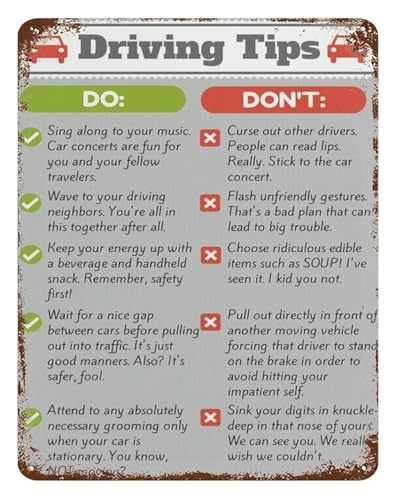 Safe Driving Tips Vintage Tin Metal Sign Driving Rules Retro Wall Art for Garage Bar Man Cave Decor 8 X 12 Inch