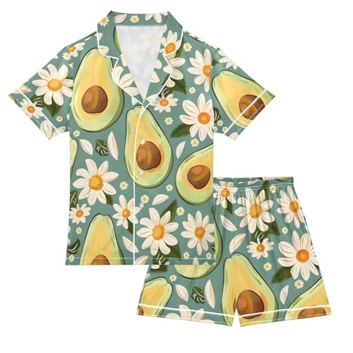 ALAZA Avocado Daisy Flower Fruit Pajamas Satin Pajama Set Short Sleeve Button Down Sleepwear