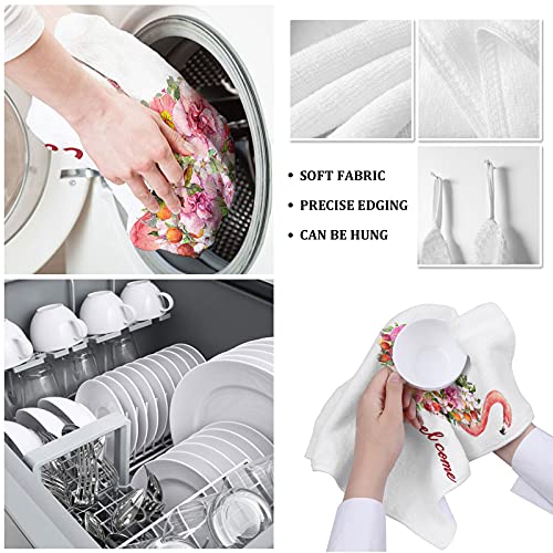 Museday Kitchen Towels Dishcloths Set Of 4, Summer Welcome Elegant Pink Flamingo Gorgeous Tropical Flowers Absorbent Dish Towels Dish Cloths For Drying Kitchen Hand Towels Decorative Tea Towels #TOP4