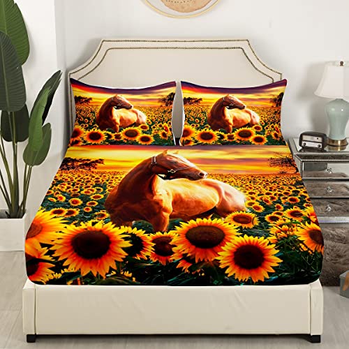 Cowboy Farmhouse Bed Sheets,Horse And Sunflower Sheet Set,Botanical Floral Bedding Farm Animal Flower Fitted Sheet,Brown Horse Flat Sheet For Kids Teen Boys Girls Bedroom Decor,Twin Size 1 Pillowcase #TOP2
