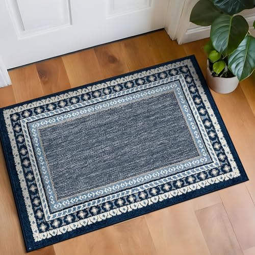 Rugshop Indoor/Outdoor High-Low Textured Area Rug, Coastal Border, Easy-Clean Patio Rug for Entryway Porch Deck Balcony 2' x 3' Navy