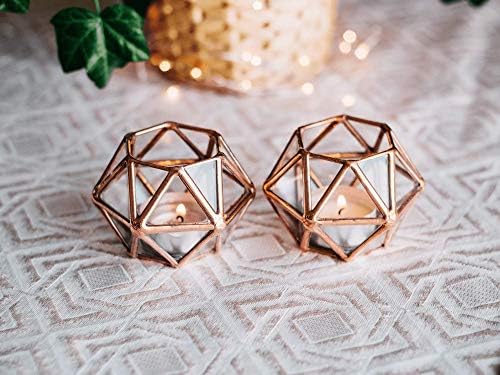 Waen Candle Holders Collection Stained Glass Geometric Candle Holder Set of 2 (Copper, Silver, Black)