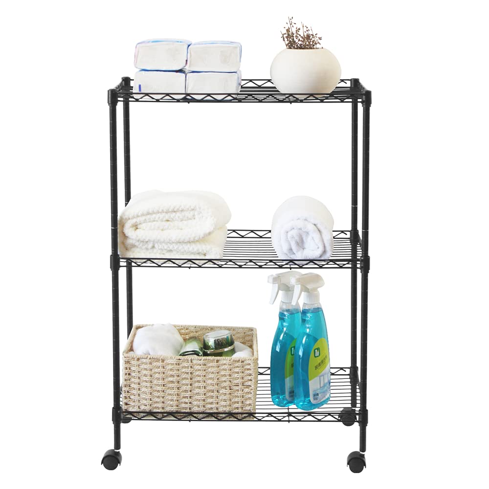 Scaffali regolabili in metallo a 3 ripiani su ruote, versatile scaffalatura in filo metallico per cucina, garage e dispensa, compatta, 40 cm x 22 cm x 71 cm, finitura nera