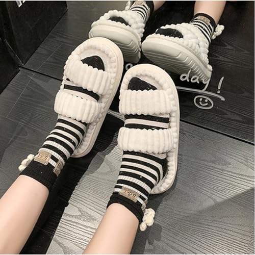 2 Pairs Women's Minimalist Stripe Design Fuzzy Bedroom Slippers,Double Strap Plush Slippers,Comfortable Home Couple Slippers3