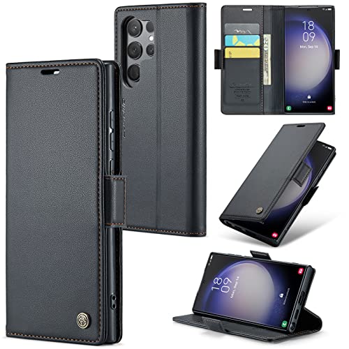 Idhiem Funda para Samsung Galaxy S23 Ultra, Carcasa Cartera de Cuero PU Premium, Bloqueo RFID, Cierre magnético, Tapa Libro Estuche Flip Case con Tarjetas y Función de Soporte, Negro