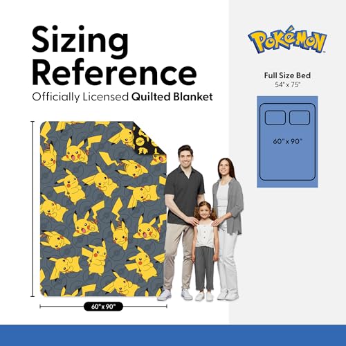 Image of Northwest Pokemon Company Reversible Twin Quilted Blanket - Pikachu & Pokeball Pattern for Anime Fans, Cozy Blanket for Bed, Game Room or Couch, 60x90 inches
