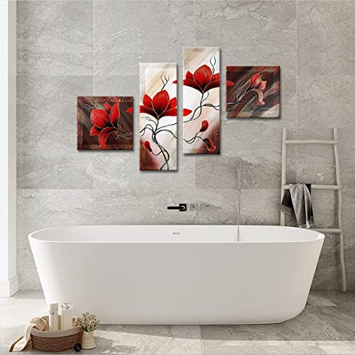 Noah Art-Handmade Floral Paintings, Modern Red Flower Picture Bedroom Wall Decor, Wooden Framed Ready To Hang 4 Piece Set Floral Canvas Wall Art For Home Decor #TOP6