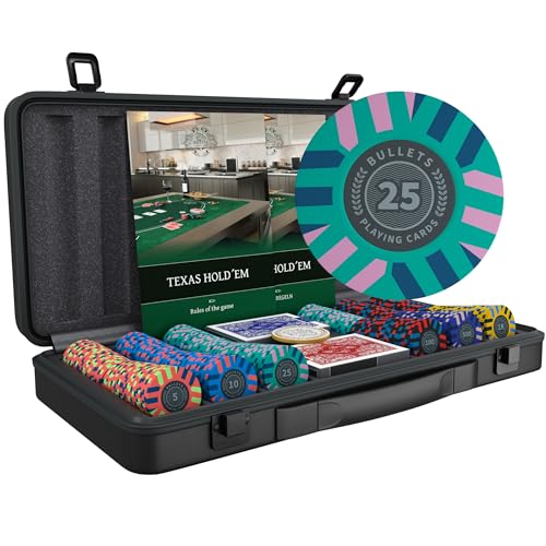 Bullets Playing Cards | Poker Set Salvatore | 300 Clay Poker Chips (10 g) with Aluminum Case, Plastic Playing Cards & Dice – Texas Hold’em, Numbered Values