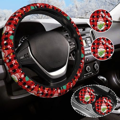 Christmas Steering Wheel Cover Anti-Slip and Practical 14.5-15 Inch Universal Steering Wheel Cover with 2 Pieces Car Coasters Suitable for Men Wome