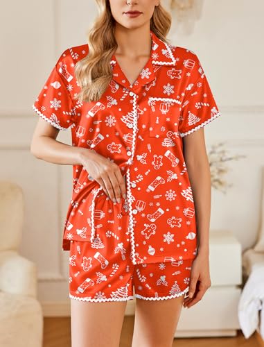 Image of Ekouaer Womens Silk Pajama Sets 2 Piece Satin Pj Set Button Down Shirt and Shorts Lounge Sets Classic with Pockets