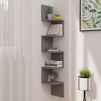 Wall Corner Shelf Grey Engineered Wood 7.5x7.5x48.4 Inches Floating Shelves for Wall Modern Space Saving Design for Living Room Bedroom Bathroom