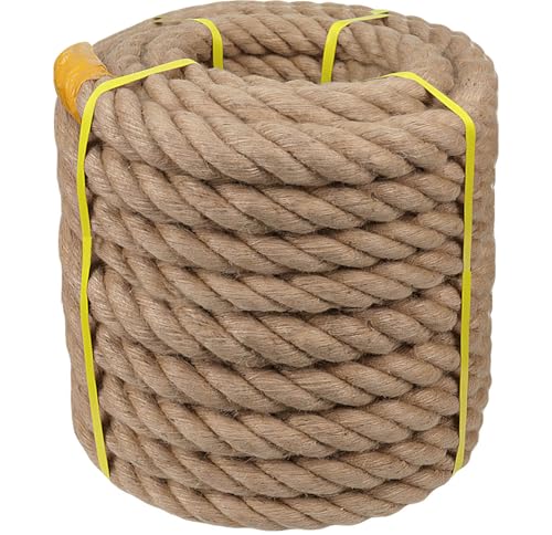 Cuerda de cáñamo de yute natural (2 pulgadas x 100 pies) cuerda de manila trenzada resistente para muelles, barandillas, escalada de árboles, tira y afloja, decoración