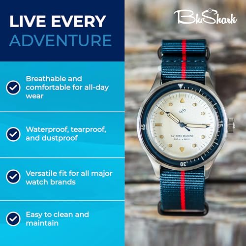 Image of BluShark - Original Collection Military-Style Waterproof Watch Strap, Fits All Timepiece Brands, Durable Nylon Wristwatch Accessories with Stainless Steel Buckle - 18mm, 20mm, 22mm & 24mm Watch Bands