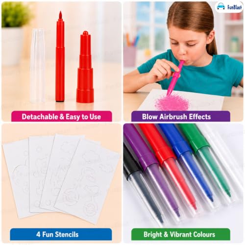 Image of FunBlast Blow Pens - Magical Coloring Spray Blow Pens for Kids Children, Pack of 6 Pcs Spray Blow Marker Sketch Pen for Kids, Fun Drawing Arts Crafts Colour Pens for Return Gifts, Multicolor