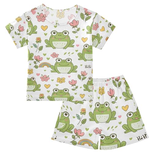 ALAZA Cute Frog Line Blossom Pajamas Set Short Sleeve Cotton Sleepwear Summer Pjs 2 Piece 5-14Y