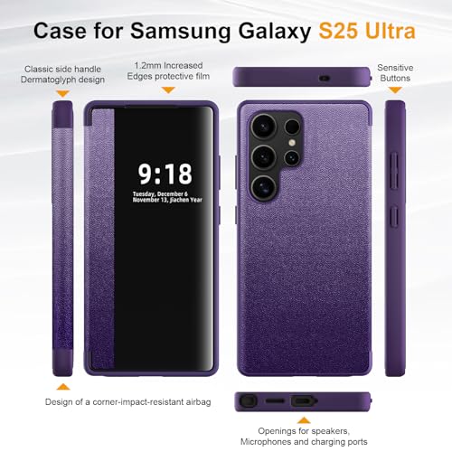 Image of Flip Case for Samsung Galaxy S25 Ultra Case S View, Frosted Translucent Window Clear View Folio Protective Phone Case, 360 Degree Full Body Shockproof Flip Cover Case for Samsung S25 Ultra 5G (Purple)