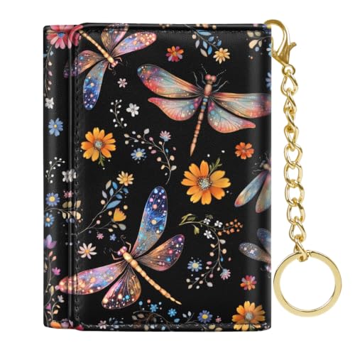 Image of Dragonfly Small Wallet Women, RFID Blocking Trifold Wallet, Cute Credit Card Holder with Kaychain, Credit Card Wallets, Vegan Leather, 7 Card Slots, ID Window, Wallets for Women Ladies Girls