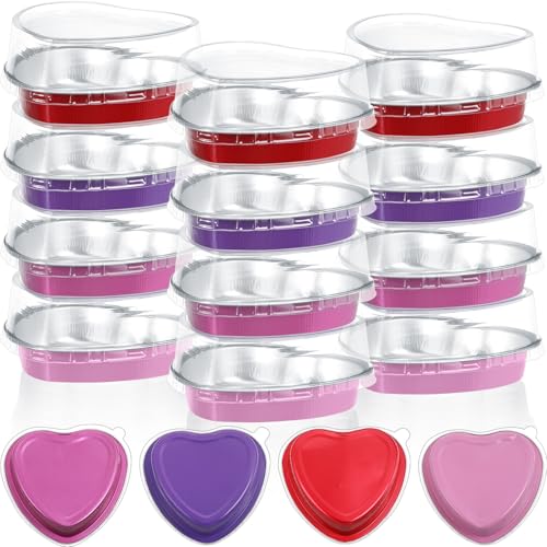 Fainne 12 Sets Valentine's Day 5" Aluminum Foil Heart Shaped Cake Pans with Clear Lids 225 ml/ 7.92 oz Heart Cake Pan Mini Valentine Containers Disposable Dessert Baking Containers (Multicolor)