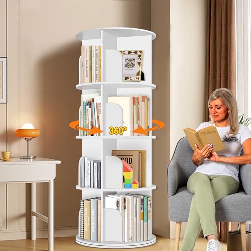 Image of RUNSUNSPRI 4 Tier Rotating Bookshelf Tower, Spinning Bookshelf, Revolving 360° Bookcase Storage Round Carousel, Vertical Rotate Turning Spiral Corner Organizer Lazy Susan, White