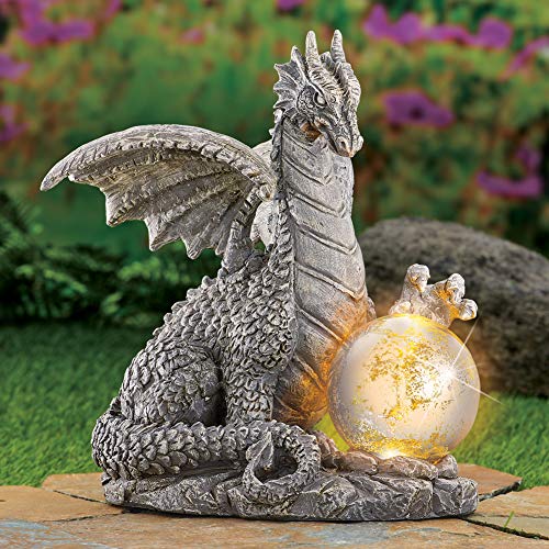 Collections Etc Solar Dragon Stone-Like Statue With Gazing Ball - Outdoor Decorative Realistic Figurine For Yard Or Garden 8 1/2" L X 7" W X 10" H #TOP2