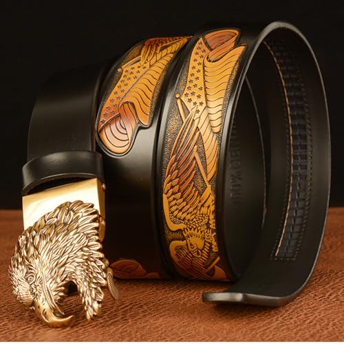 Men's Eagle Pattern Leather Belt With Golden Eagle Automatic Buckle - Western Ratchet Dress Belt, Trim To Fit3