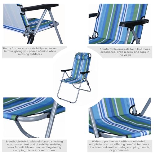 Image of ORILEY Folding Beach Chair with Adjustable Pillow and Arm Rest Portable Lightweight Rainbow Stripped Foldable Fishing Chairs for Travelling Picnic & Outdoor (Large, Blue & Green Stripe)
