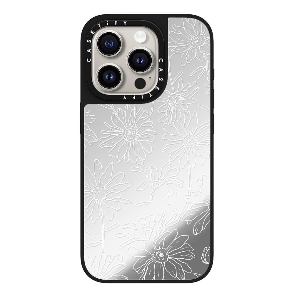 CASETiFY Magsafe 対応ミラー iPhone 15 Pro ケース [反射性 / 1.5mからの落下試験をクリア / Magsafe に対応] - Simple Daisies - シルバー (ブラックバンパー)